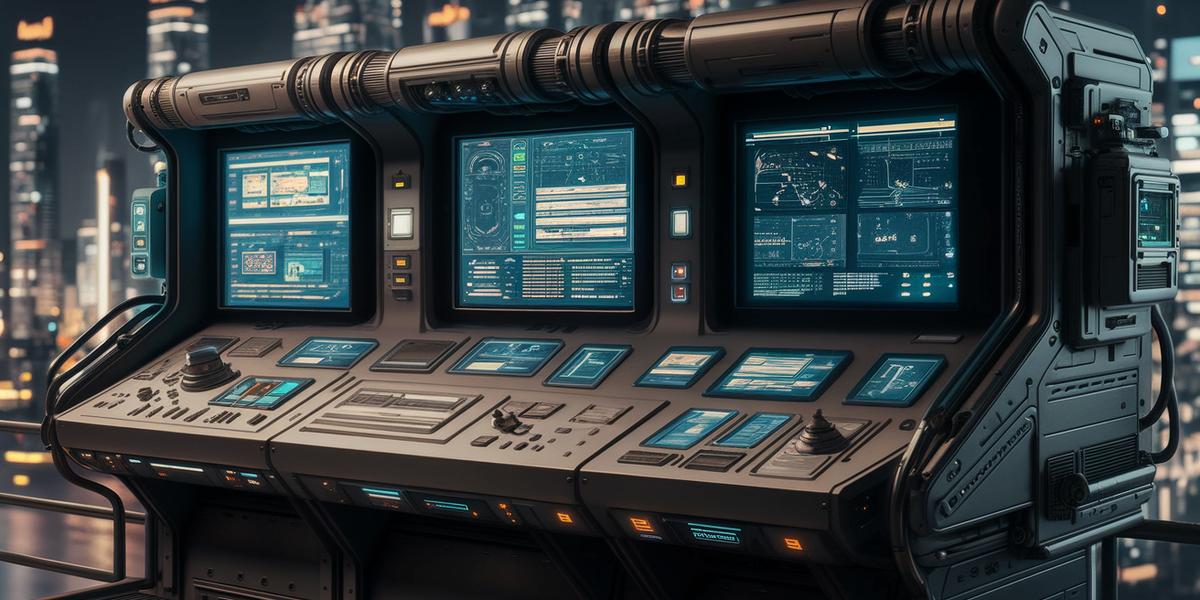 Prompt: futuristic control panel with flowing data streams and status monitors, cyberpunk style