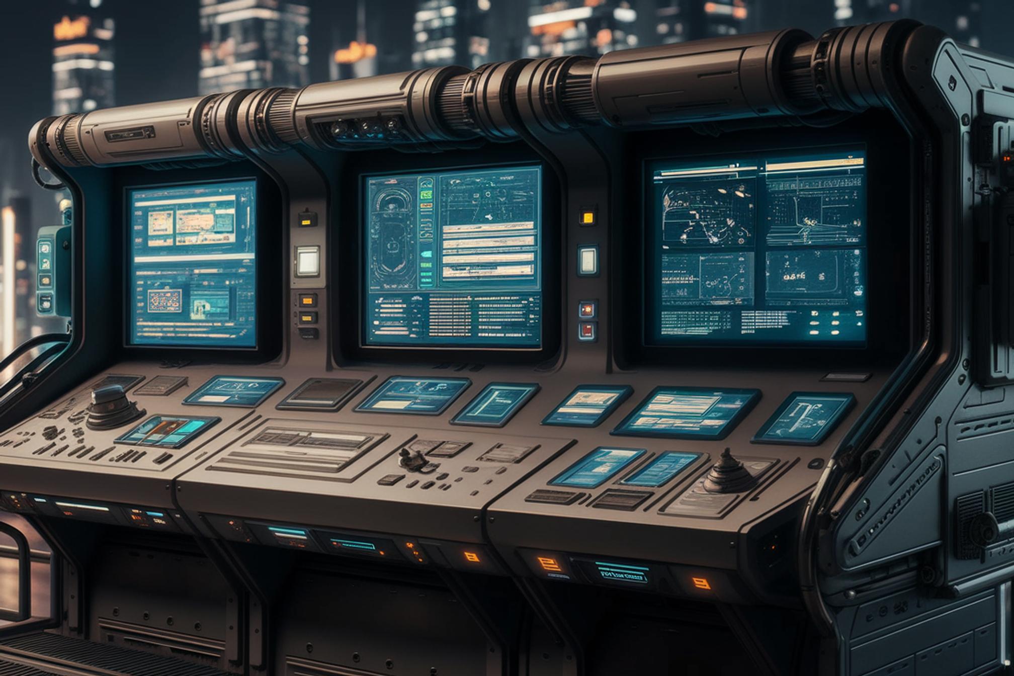 Prompt: futuristic control panel with flowing data streams and status monitors, cyberpunk style
