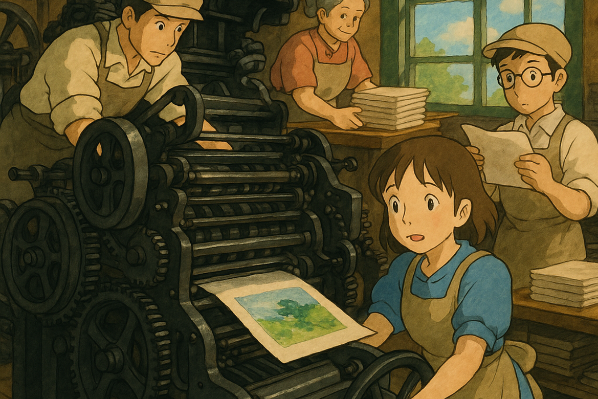 Prompt: A studio-ghibli printing operation