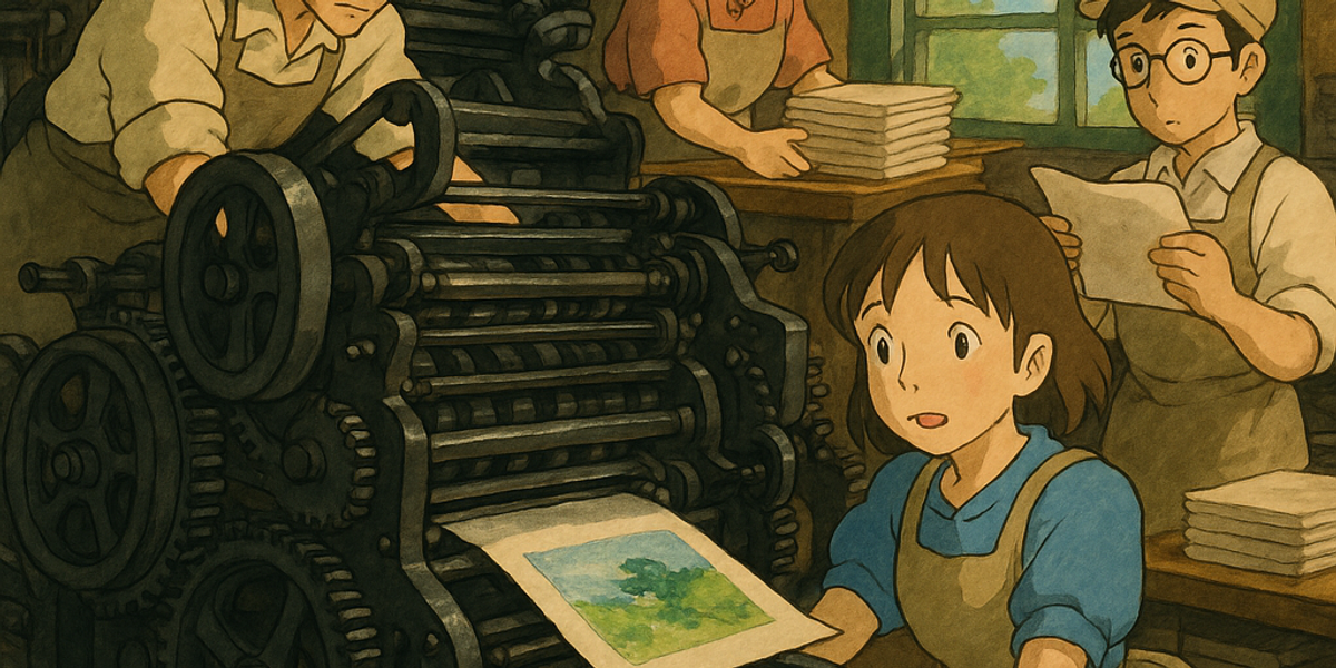 Prompt: A studio-ghibli printing operation