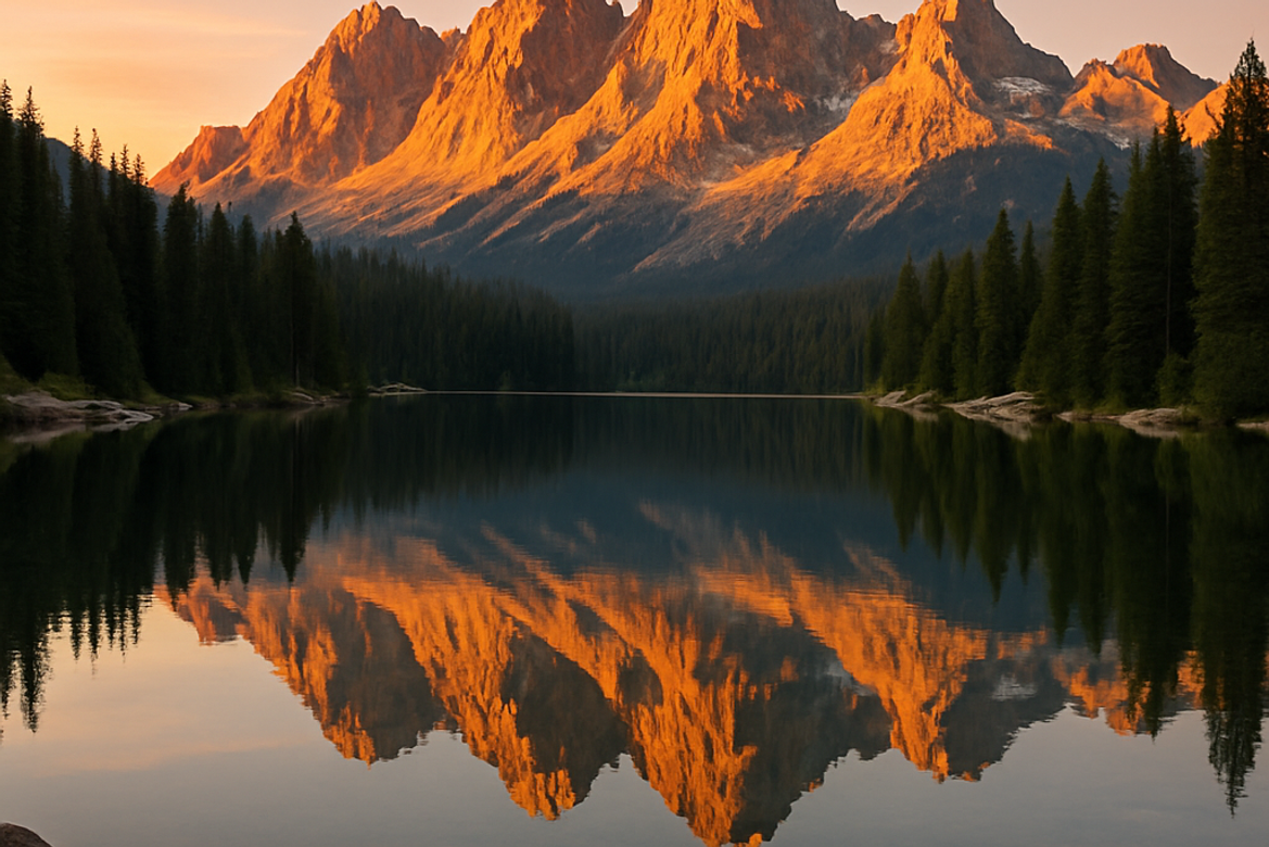 Prompt: A crystal-clear mountain landscape at sunrise