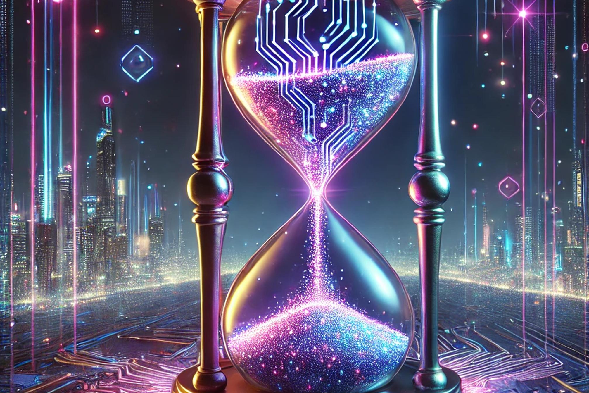 Prompt: hourglass filled with glowing digital sand in a cyberpunk setting