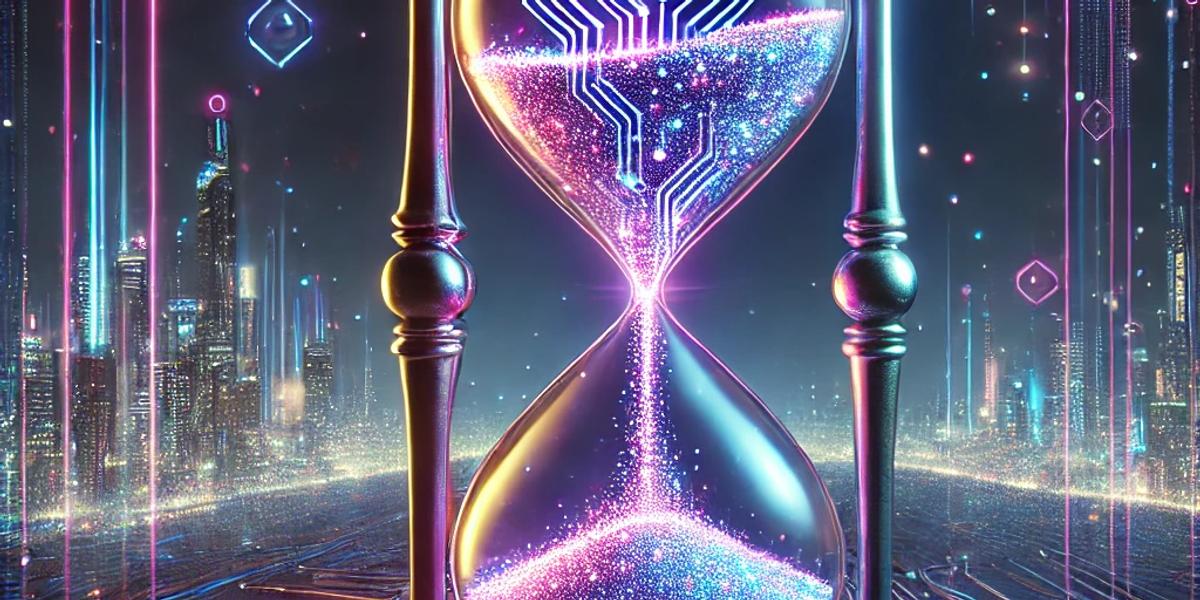 Prompt: hourglass filled with glowing digital sand in a cyberpunk setting