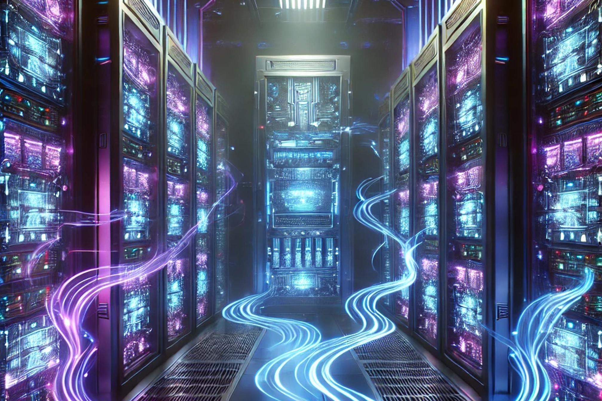 Prompt: cyberpunk server room with glowing caches and memory banks, ethereal digital streams flowing between them