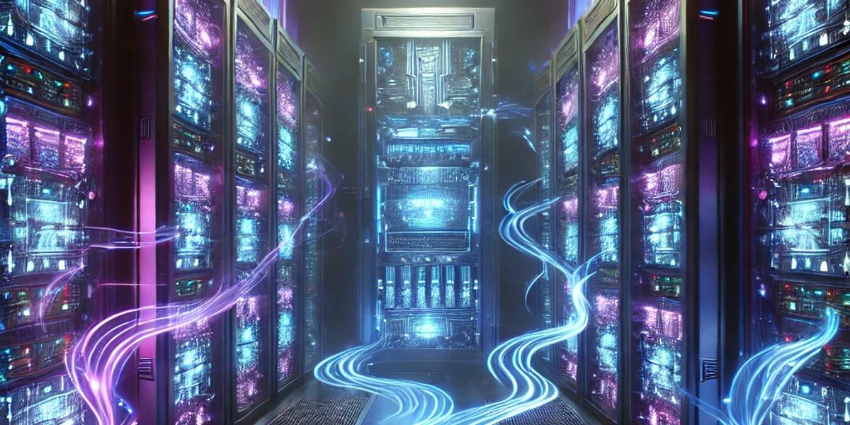 Prompt: cyberpunk server room with glowing caches and memory banks, ethereal digital streams flowing between them