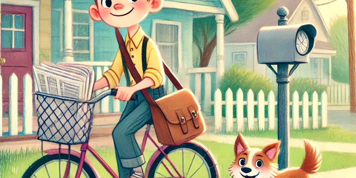 Prompt: children's book drawing of paper boy with bike and dog