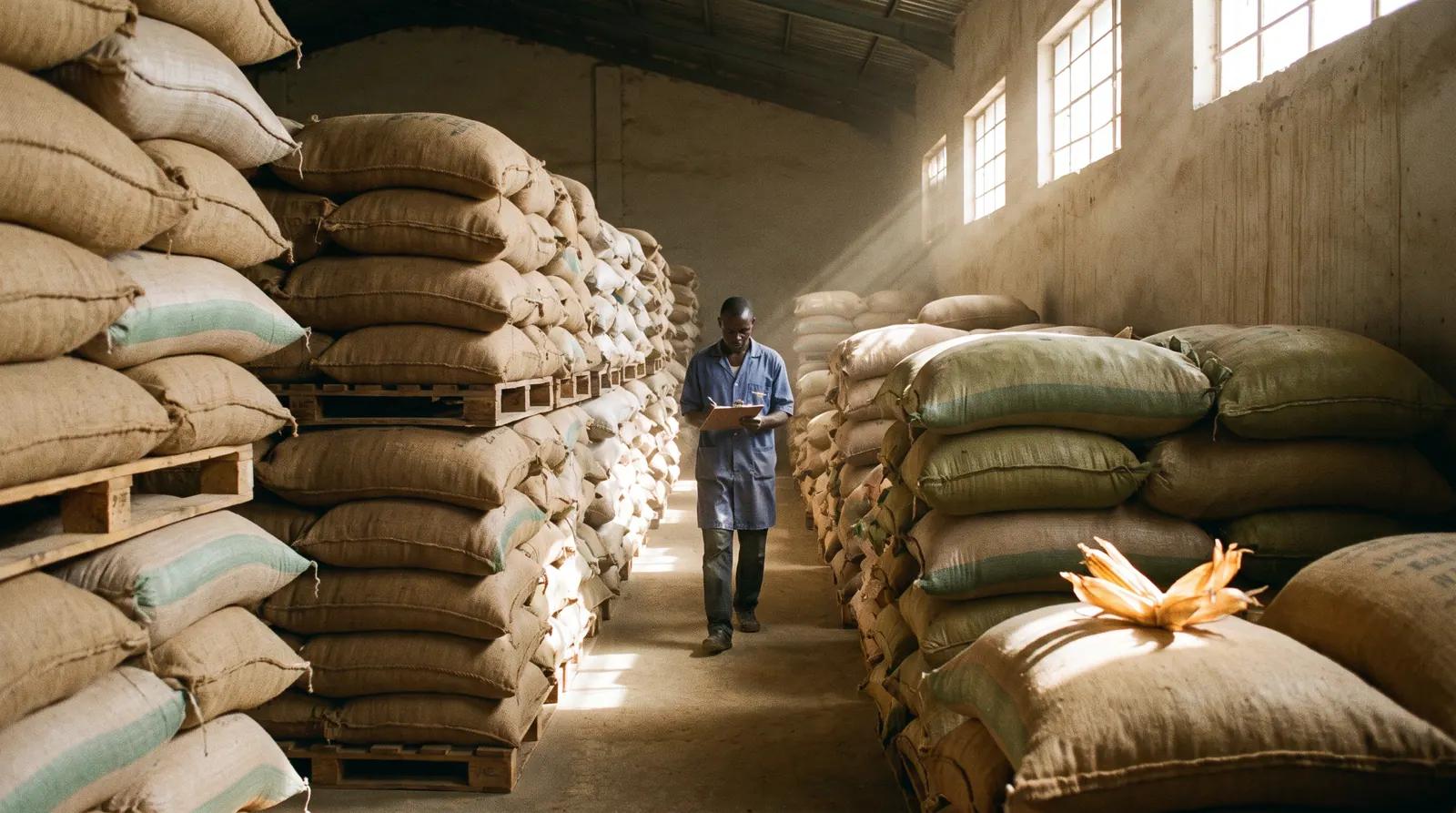 Stacked sacks of grain on pallets inside a partner warehouse, with a worker checking a sack