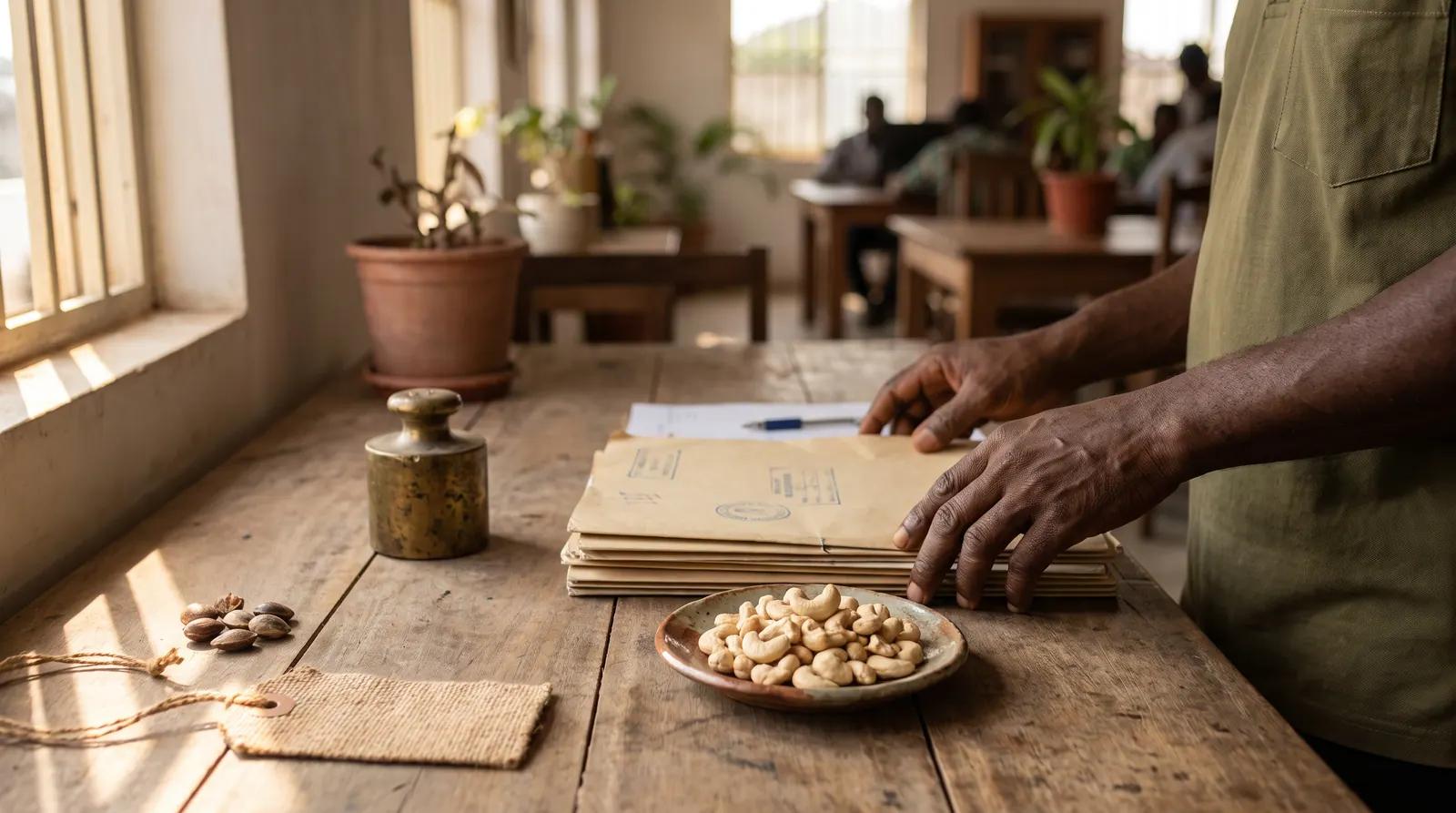 Export documents in a folder on a wooden desk beside a dish of cashew nuts