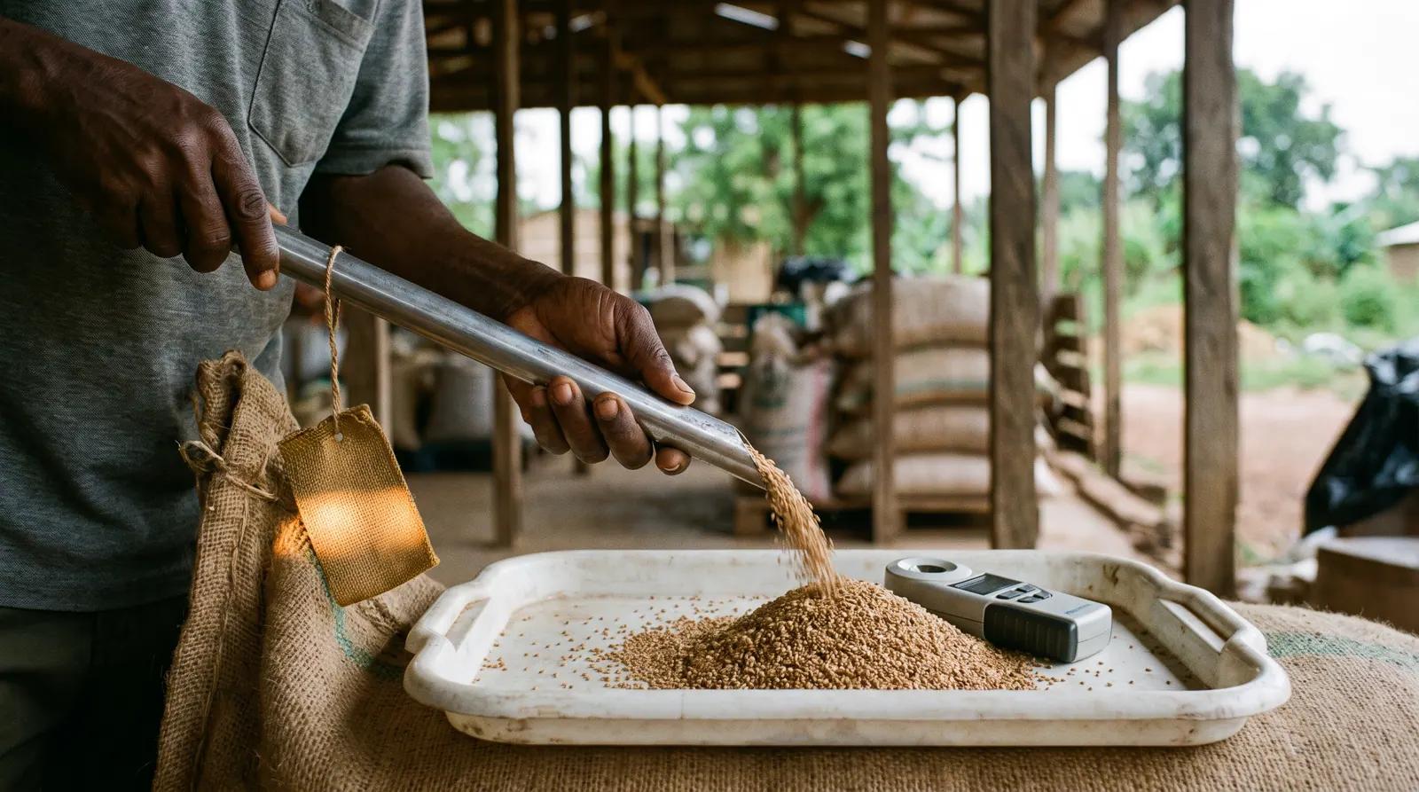 A sampling probe drawing sesame seed from a sack onto a tray beside a handheld moisture meter