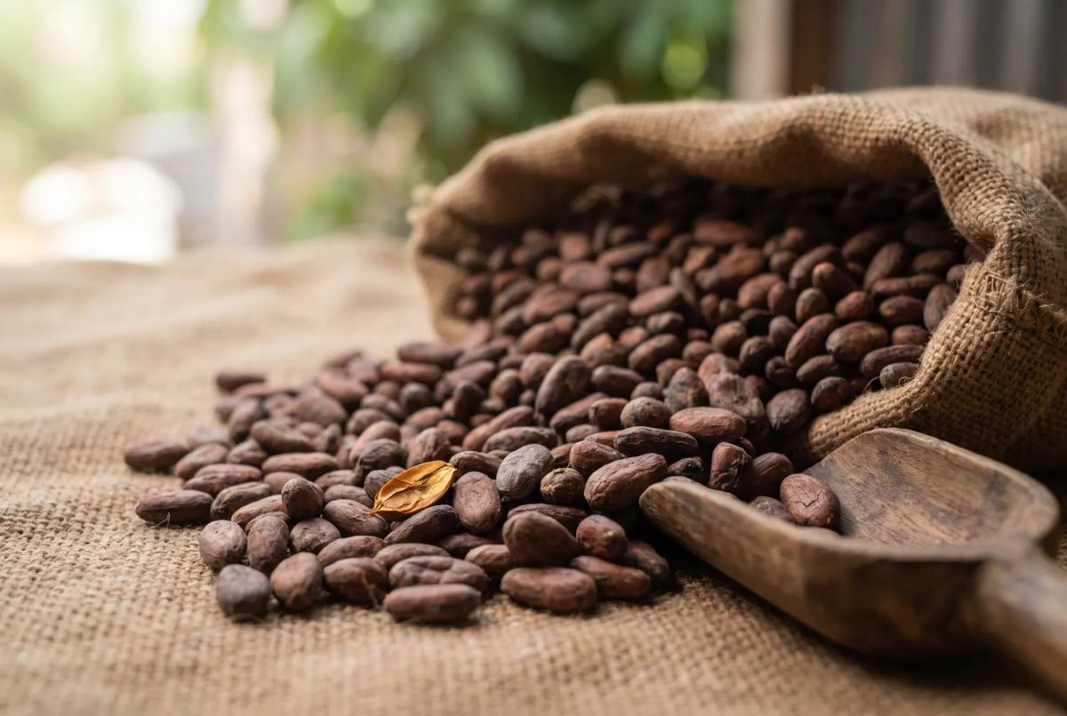 Cocoa beans spilling from an open jute sack onto jute cloth