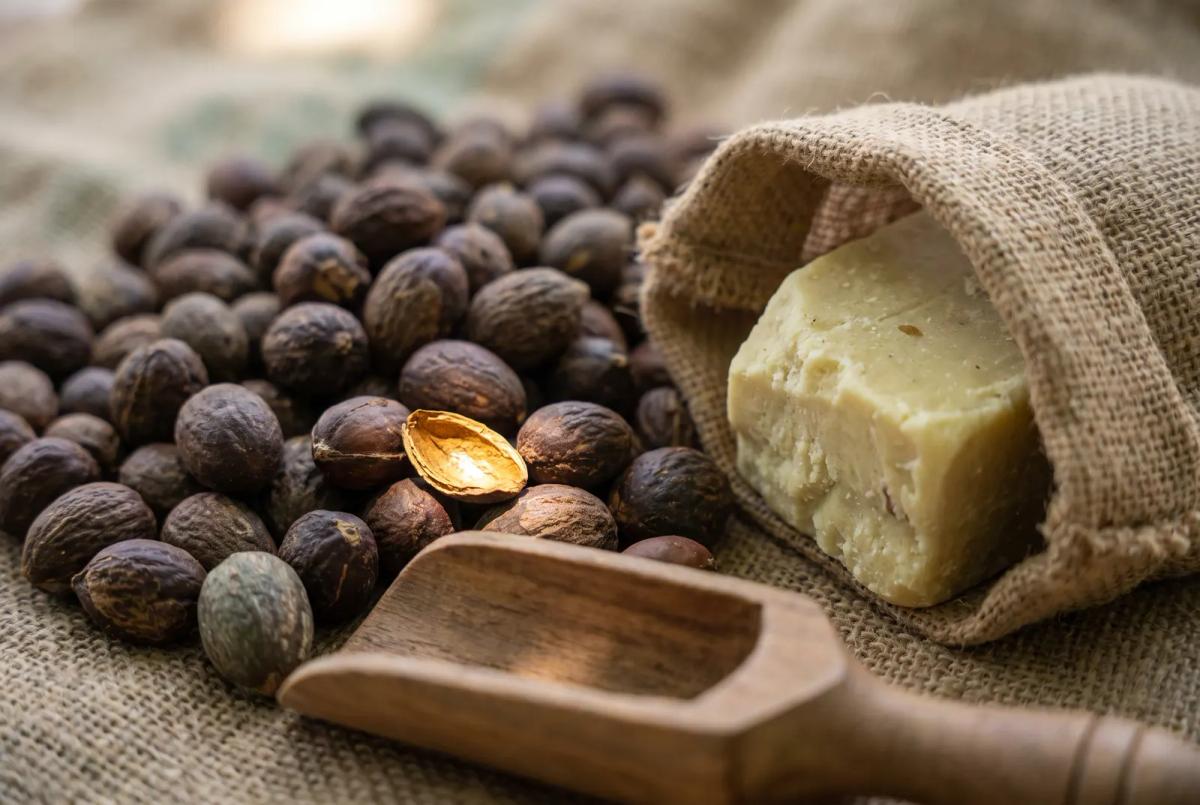 Shea butter and Shea nuts spilling from an open jute sack onto jute cloth