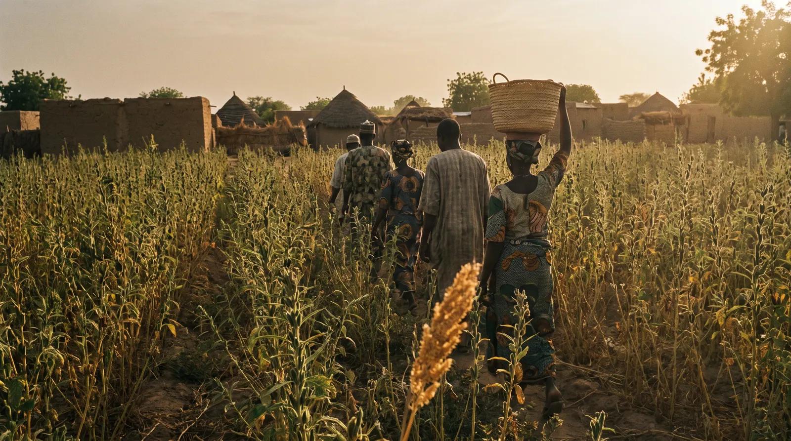 Smallholder farmers walking between rows of sesame plants at golden hour