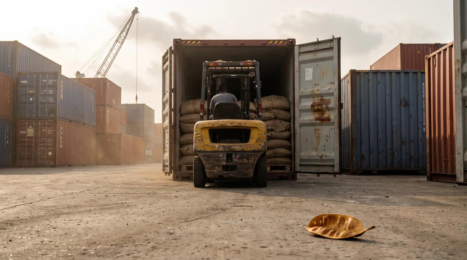 A container being loaded with palletised sacks by forklift at the port in Lagos