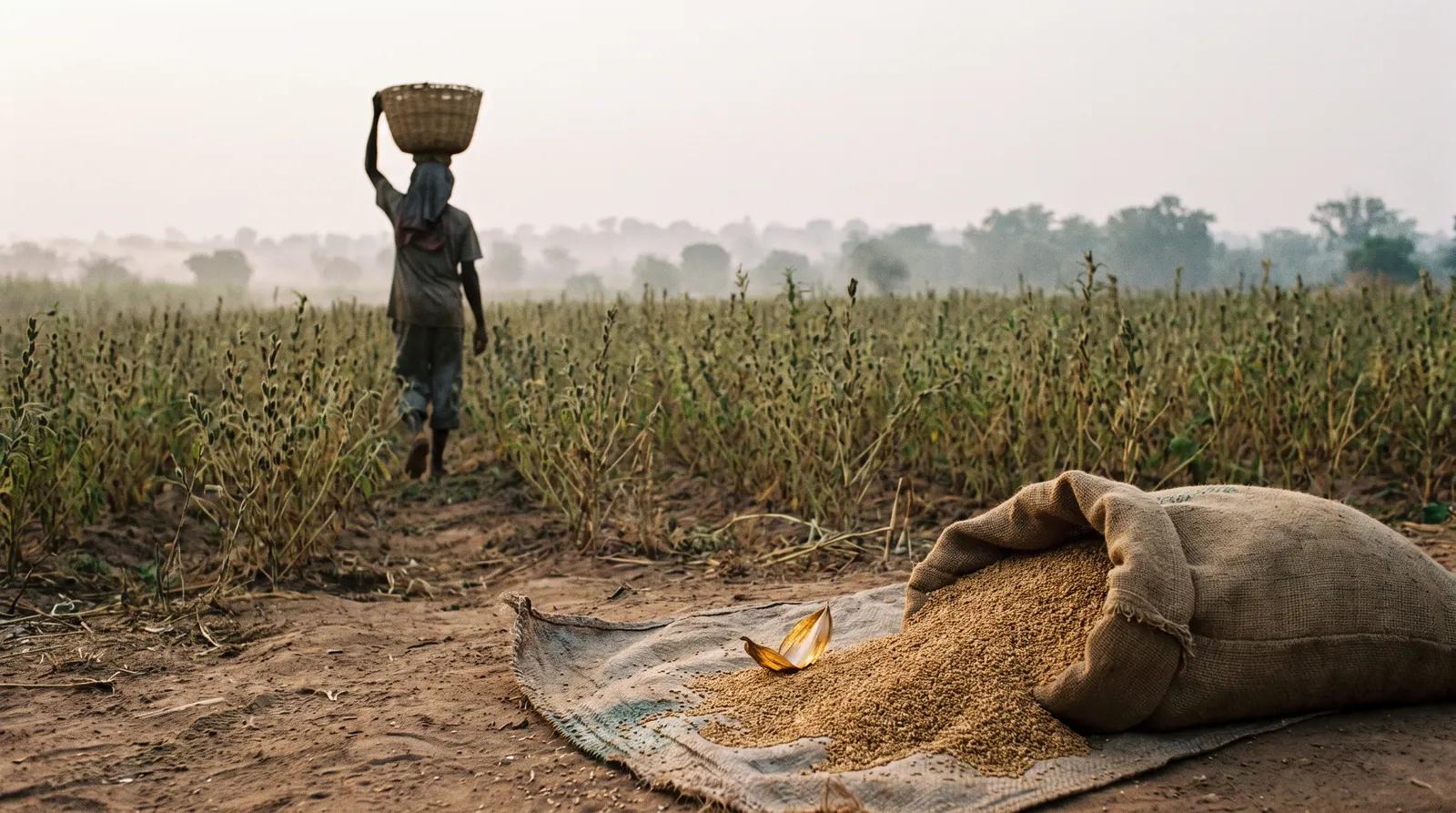 A farmer pouring cleaned sesame seeds from a basket into a jute sack in a sunlit farmyard