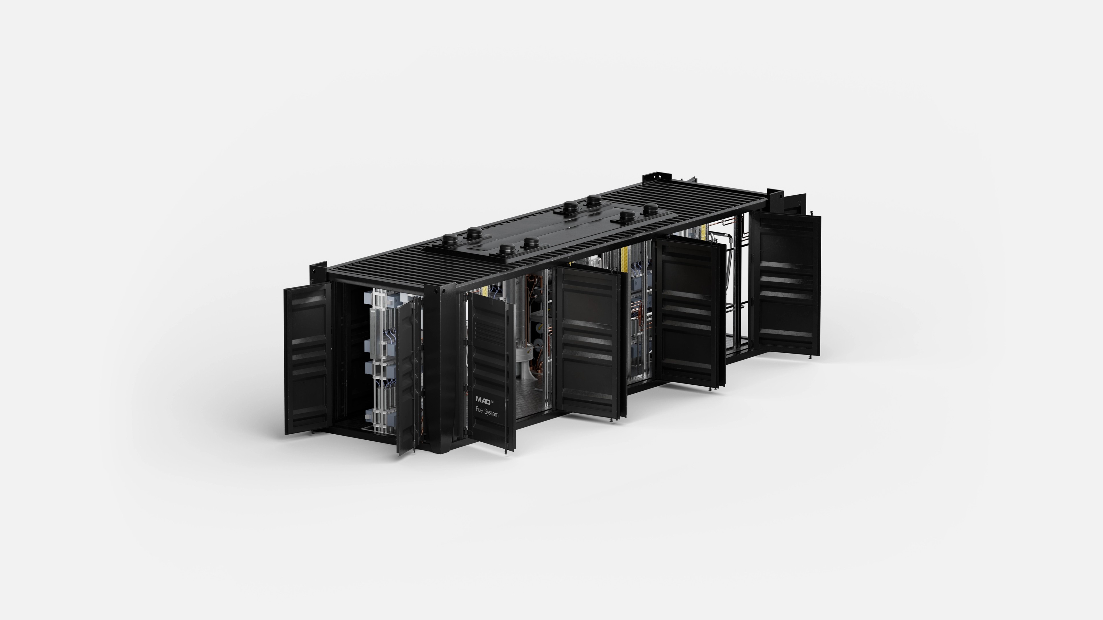MAD Fuel System in black standard shipping container with multiple open doors that show internal equipment.