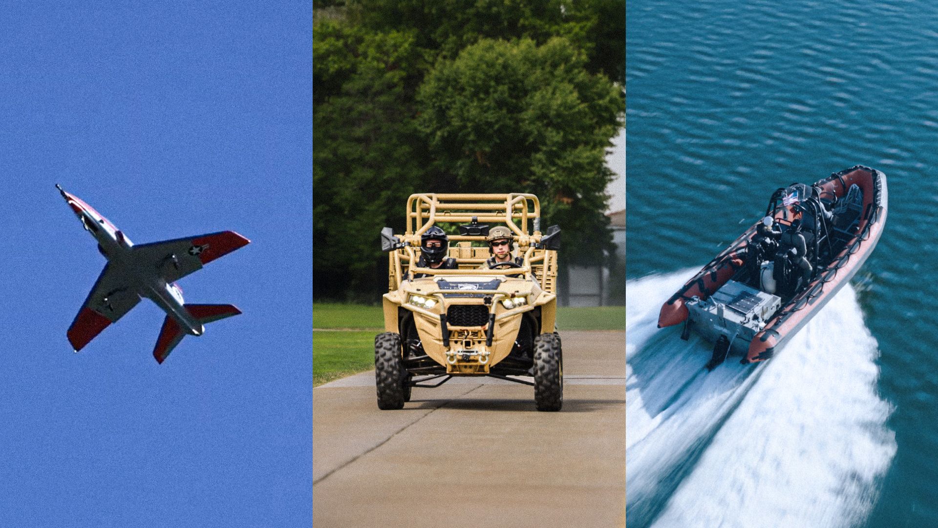 A 3-way split screen showing an airplane, a tactical military vehicle, and a boat