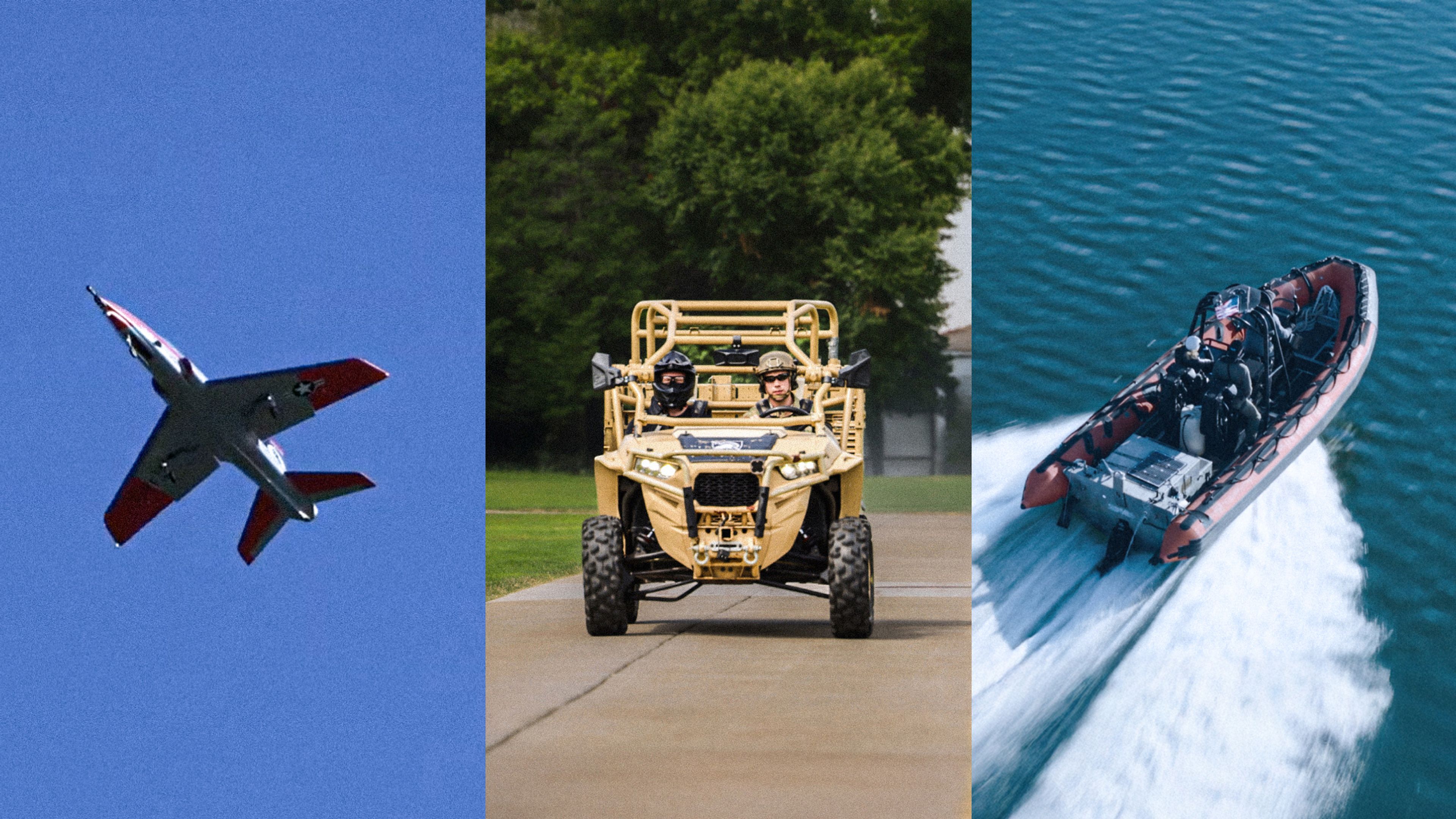 A 3-way split screen showing an airplane, a tactical military vehicle, and a boat