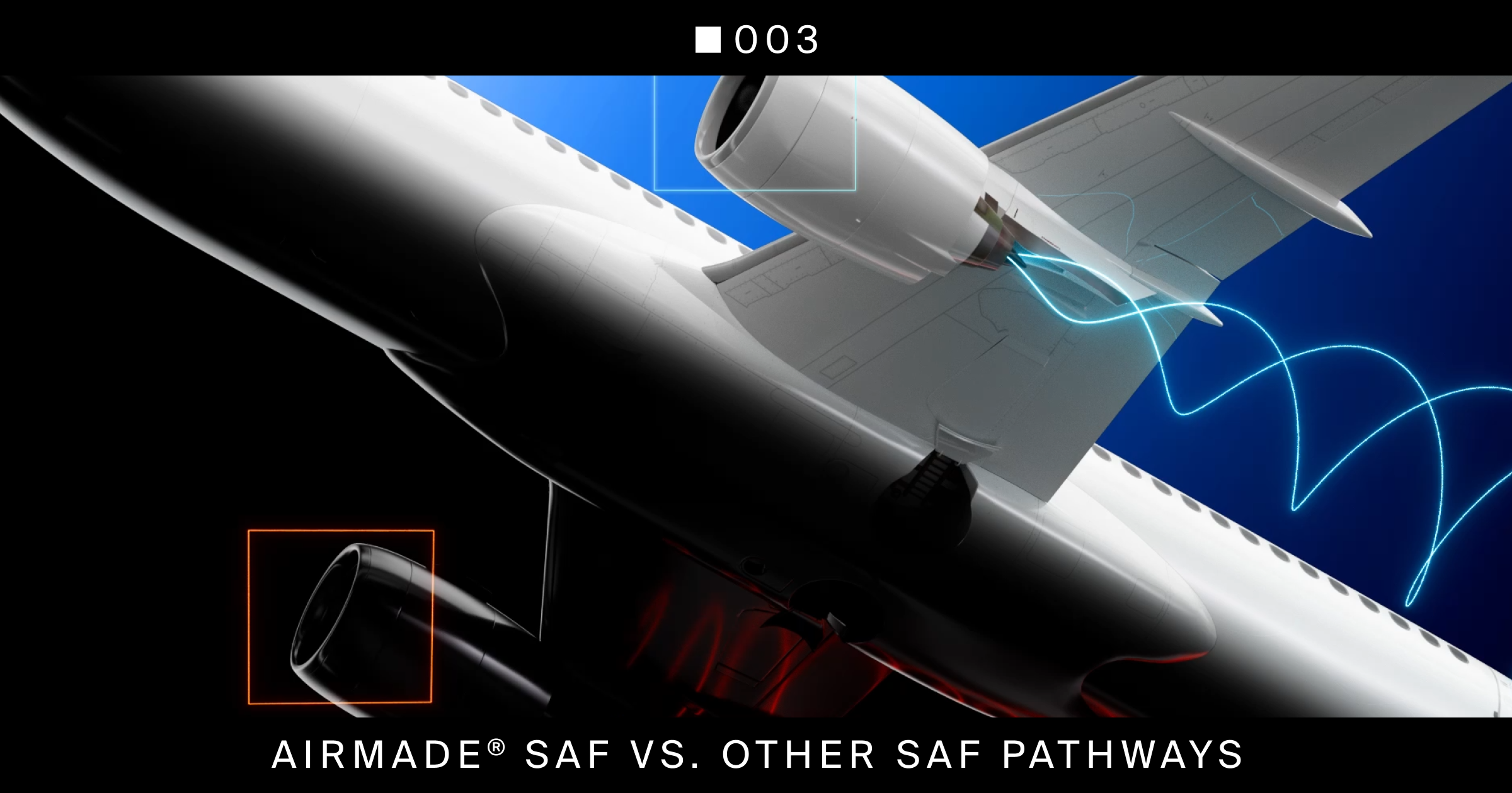 Conceptual illustration of an airplane's underside highlighting an engine with an orange box and a blue wavy line from another engine, representing AIRMADE® SAF vs. other SAF pathways.