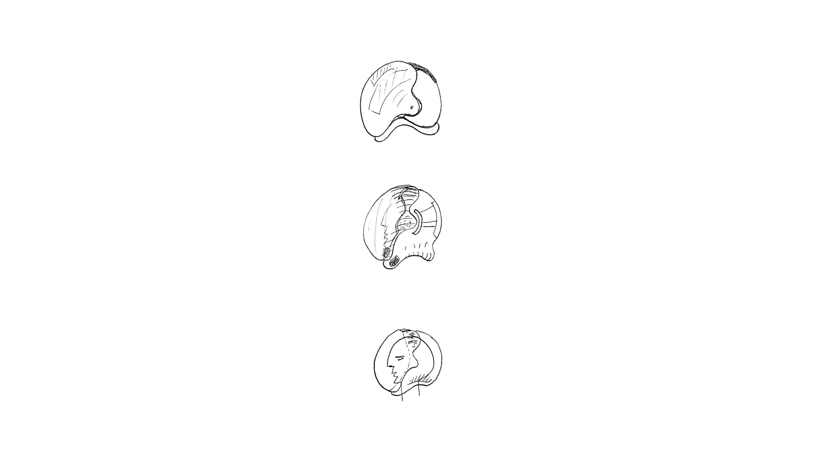 sketches of a space helmet, three on top of one another with a mans face inside the bottom one