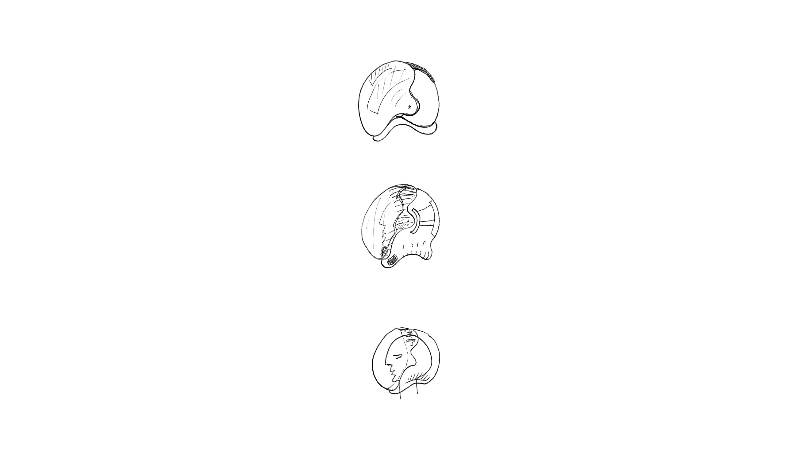 sketches of a space helmet, three on top of one another with a mans face inside the bottom one