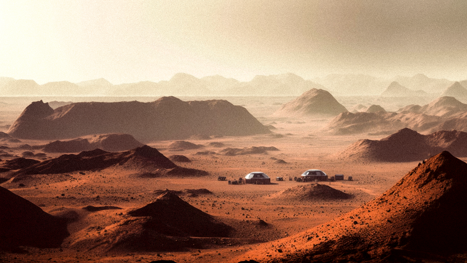 Two futuristic dome habitats in a vast, dusty red Martian landscape with hills and mountains.