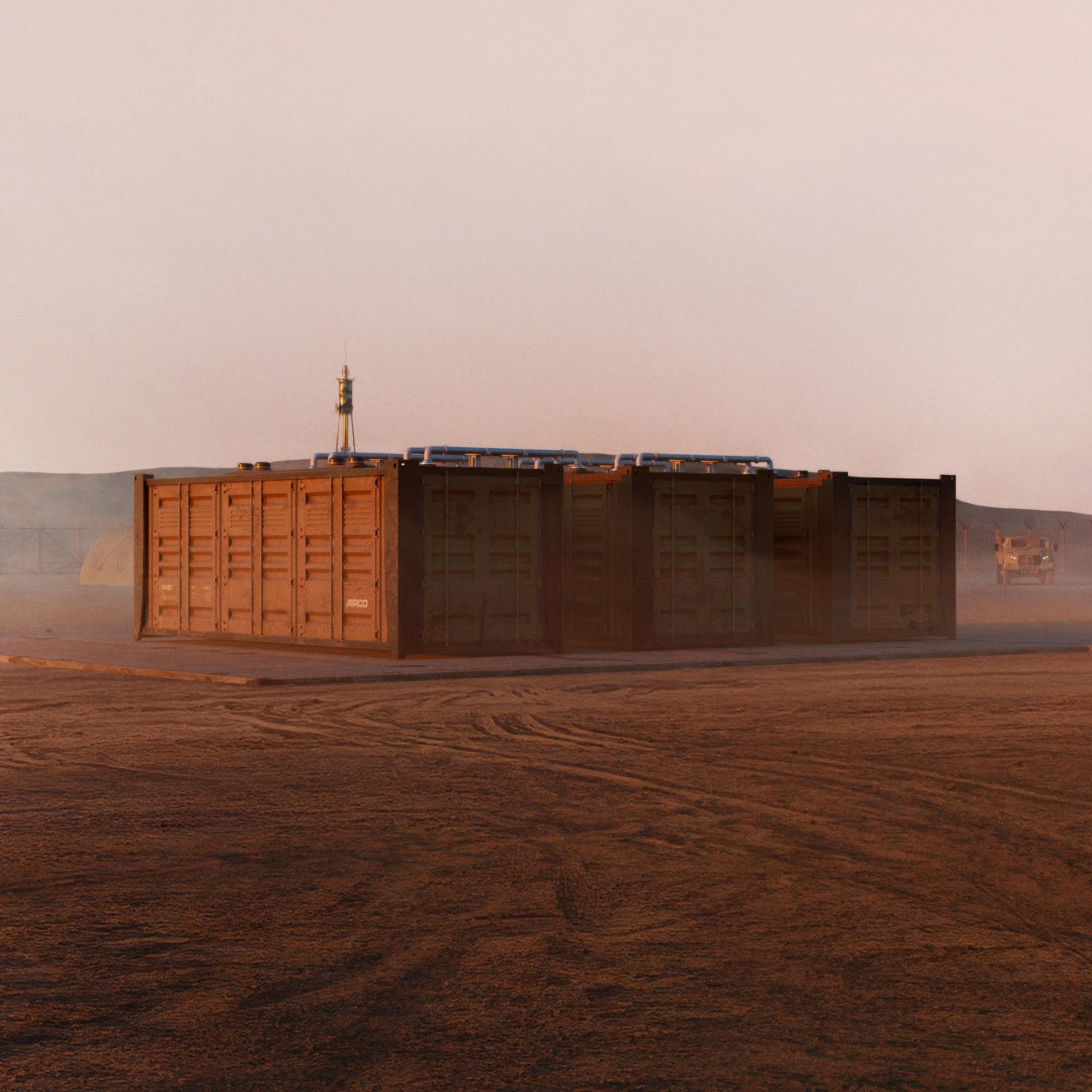 Two structures built from shipping containers, one topped with solar panels, in a vast red desert at sunset.