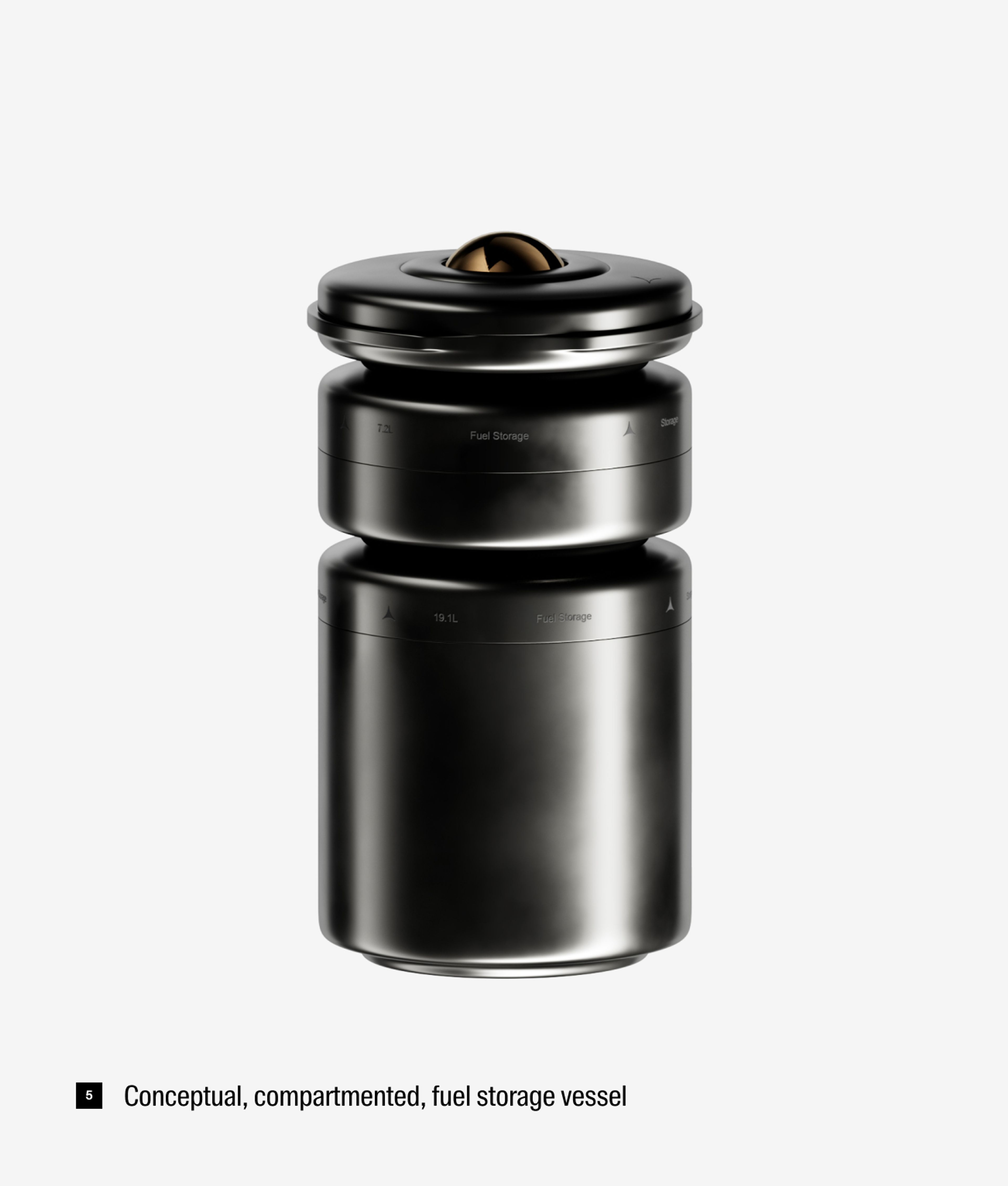 matte silver conceptual, compartmented fuel storage vessel