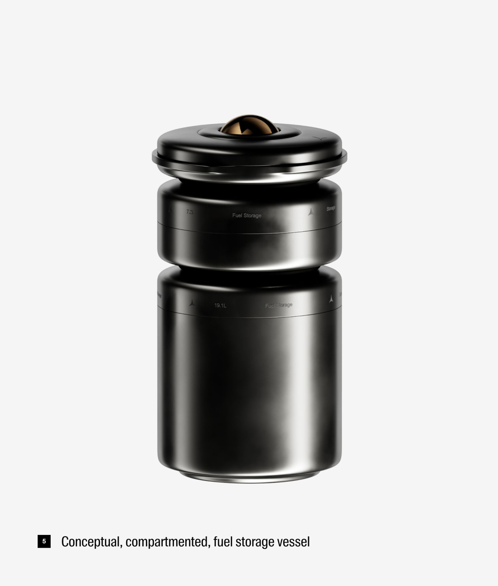 matte silver conceptual, compartmented fuel storage vessel