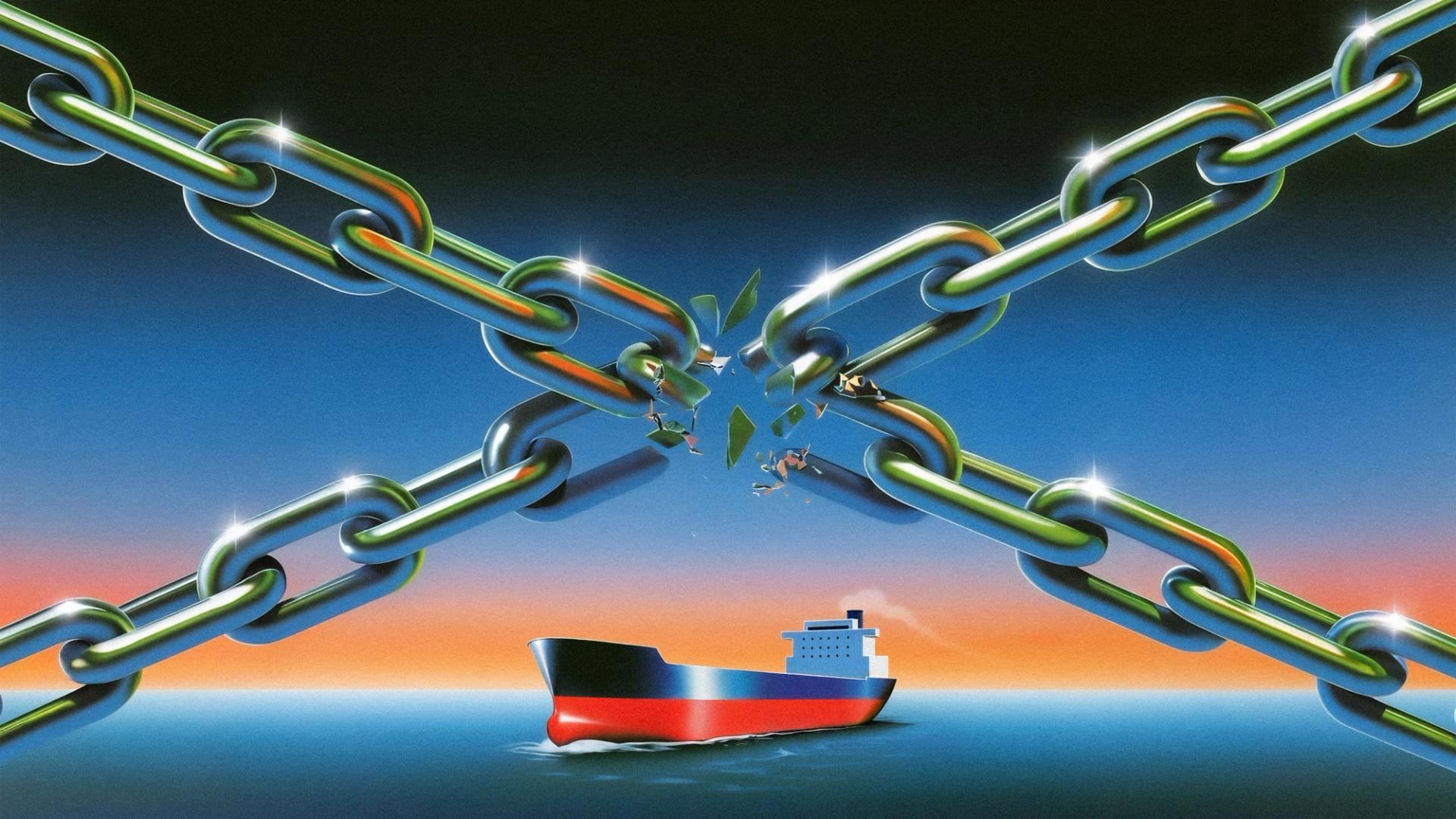 Two large chains intersect and shatter above a cargo ship.