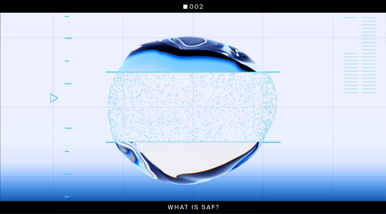A blue-themed graphic showing a sphere composed of wavy liquid at the top and bottom, and a dotted particle section in the middle. Text at the bottom reads "WHAT IS SAF?".