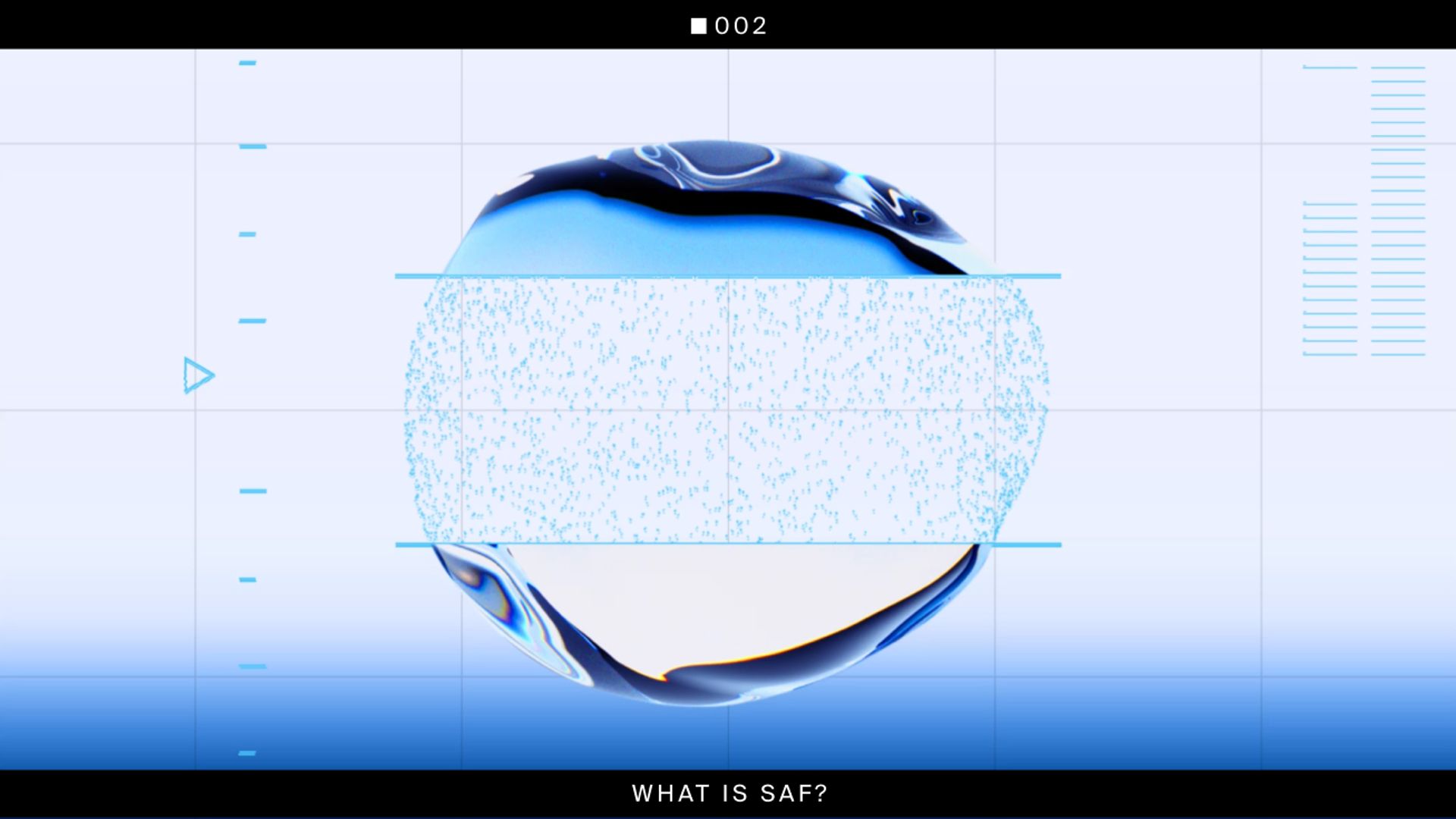 A blue-themed graphic showing a sphere composed of wavy liquid at the top and bottom, and a dotted particle section in the middle. Text at the bottom reads "WHAT IS SAF?".