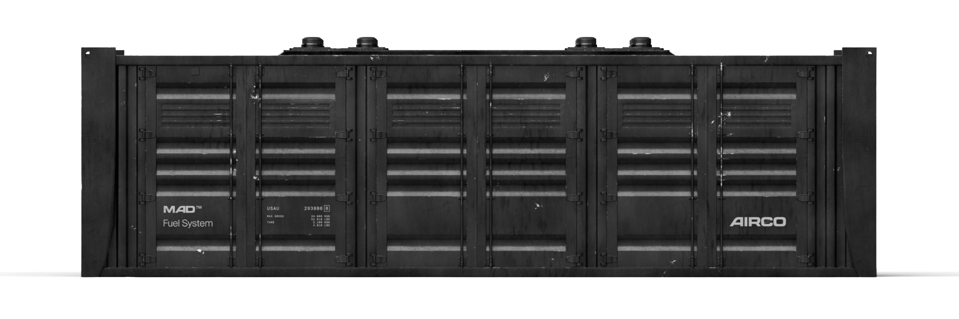 Black industrial container labeled "M.A.D. Fuel System" and "AIRCO."