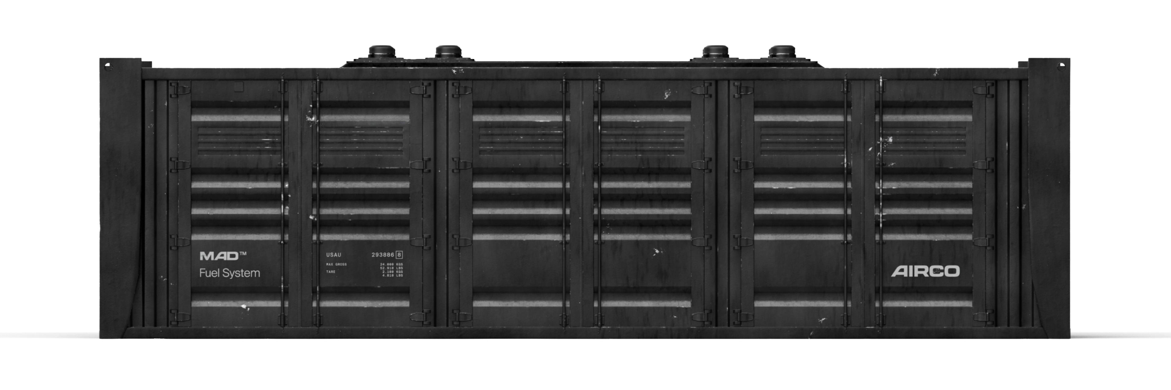 Black industrial container labeled "M.A.D. Fuel System" and "AIRCO."