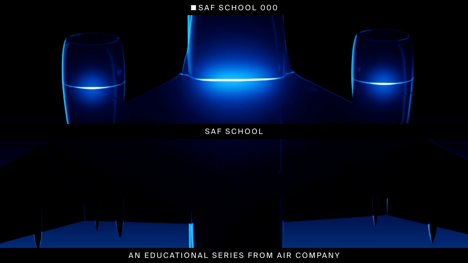 A dark, image of the top of an airplane featuring bright blue glowing outlines. Text reads "SAF SCHOOL 000", "SAF SCHOOL", and "AN EDUCATIONAL SERIES FROM AIR COMPANY".