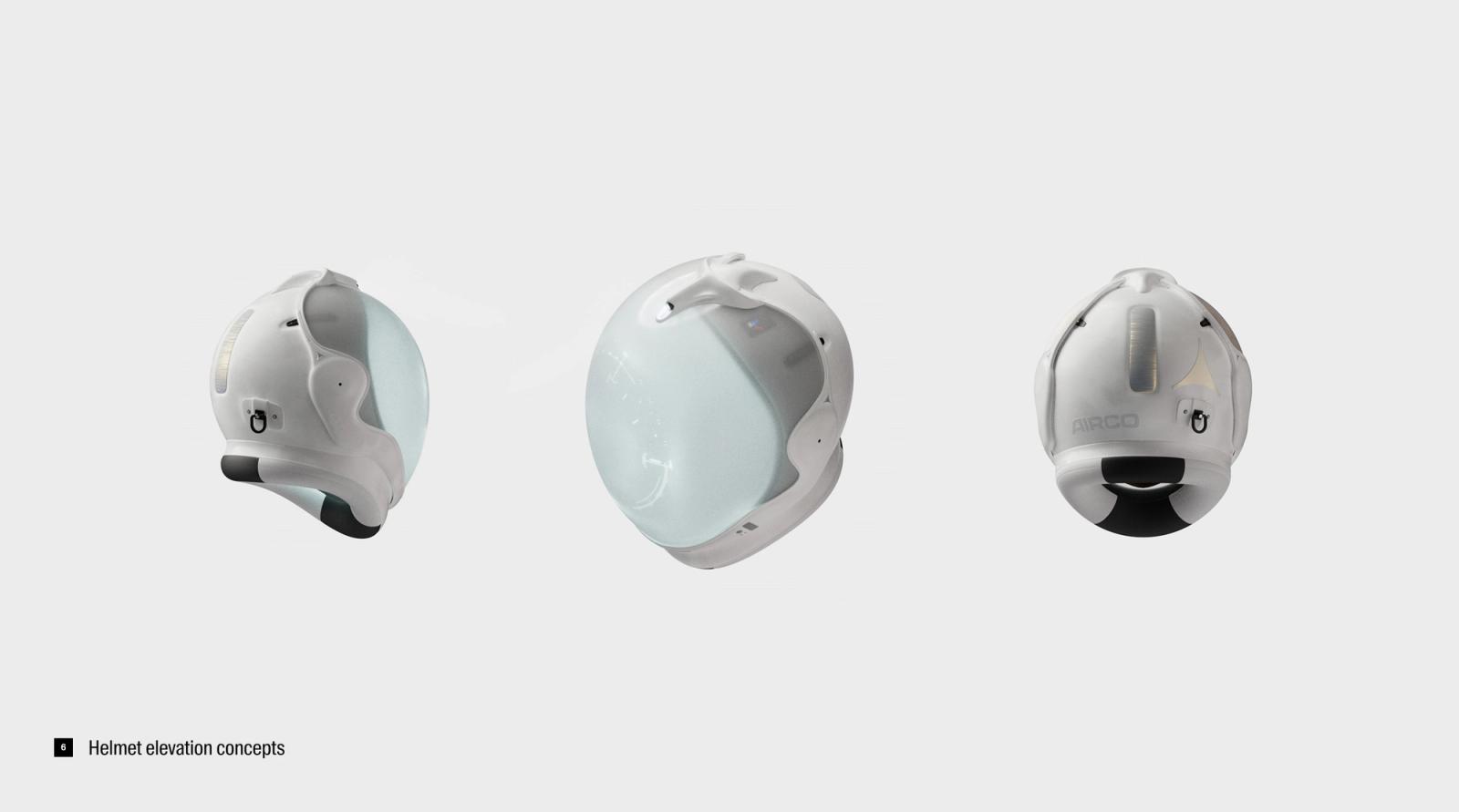 a white space helmet. three of them in a row, all showing different sides of the helmet