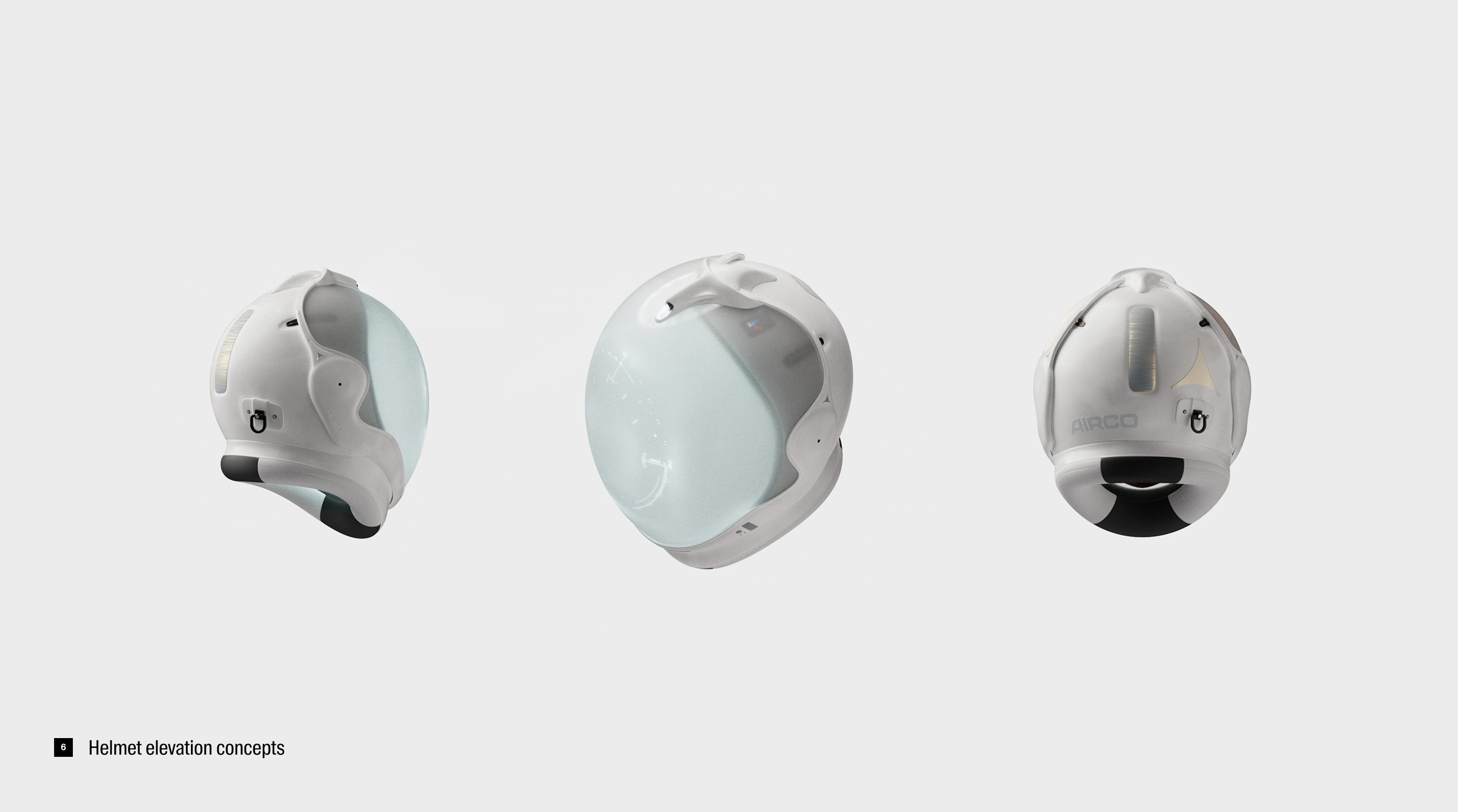 a white space helmet. three of them in a row, all showing different sides of the helmet