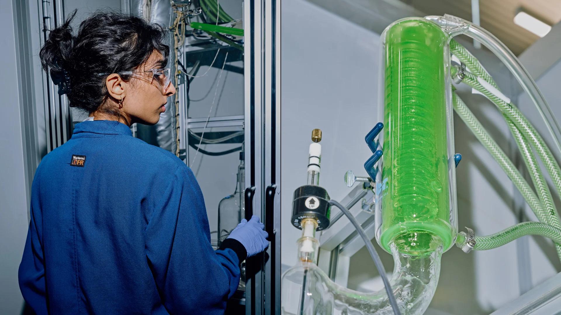 A scientist in a blue lab coat and safety glasses looks at a large glass vessel filled with bright green liquid.