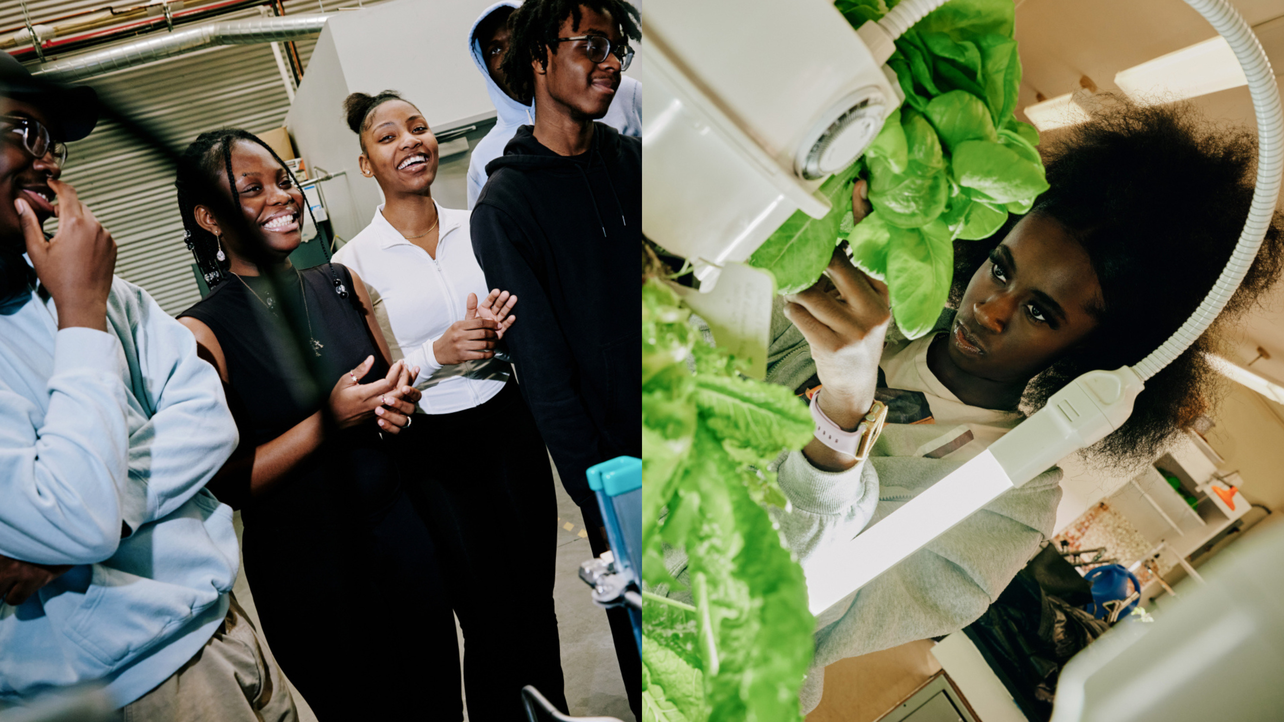 AIRCO's AIR Scholars Cohort 2 smiling in a group and tending a hydroponic garden.