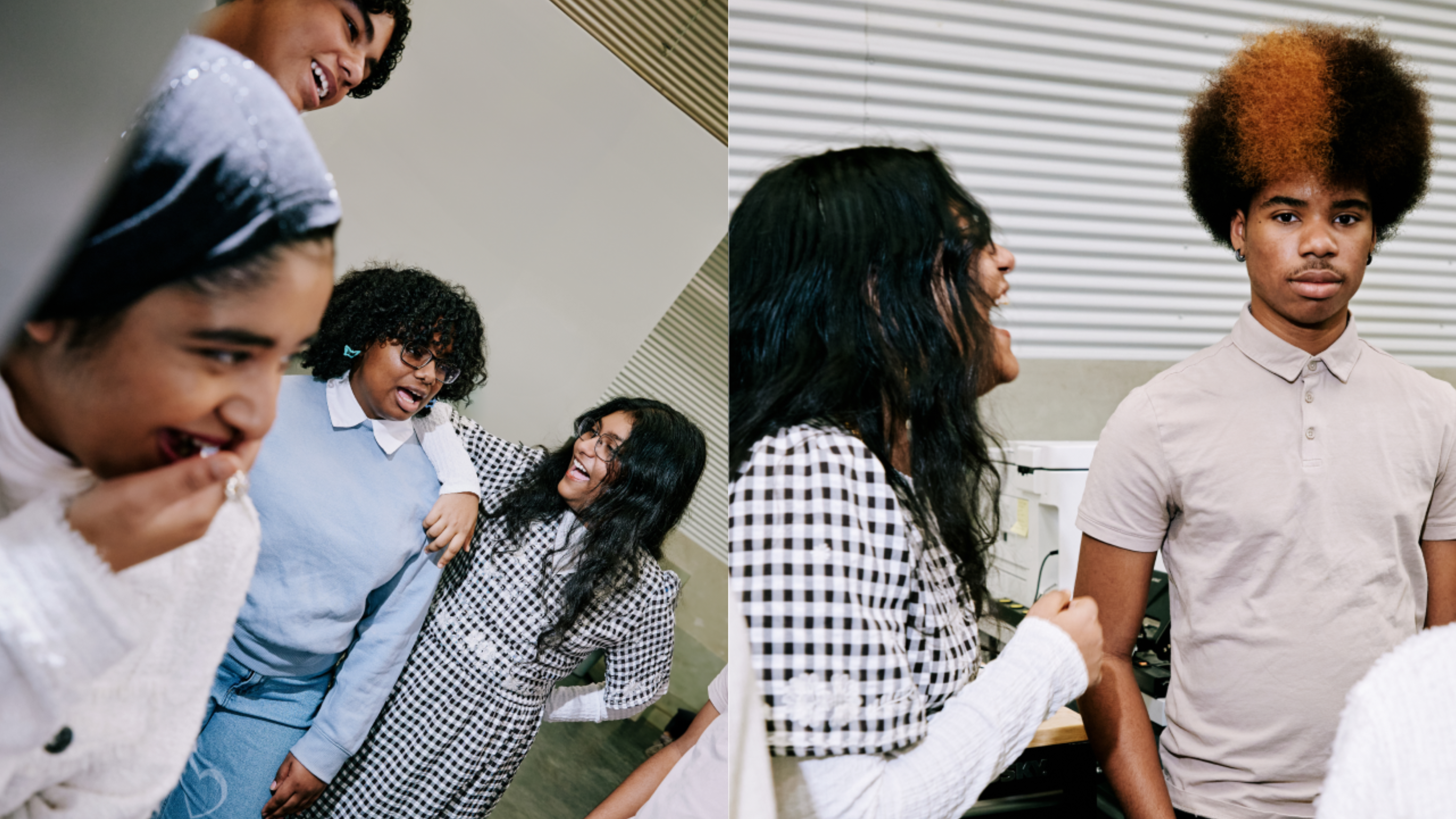 A split image of diverse young people. On the left, a group laughs and smiles. On the right, a young man with a two-toned afro looks forward as a woman laughs beside him.
