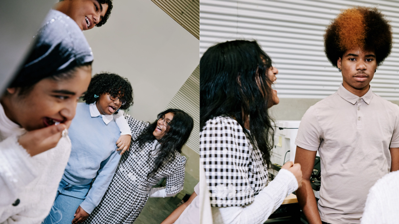 A split image of diverse young people. On the left, a group laughs and smiles. On the right, a young man with a two-toned afro looks forward as a woman laughs beside him.