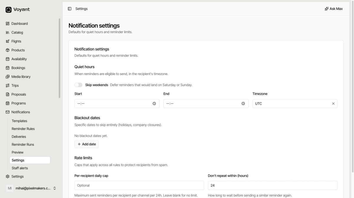 The notification settings page with quiet hours, skip weekends, blackout dates and rate limit fields
