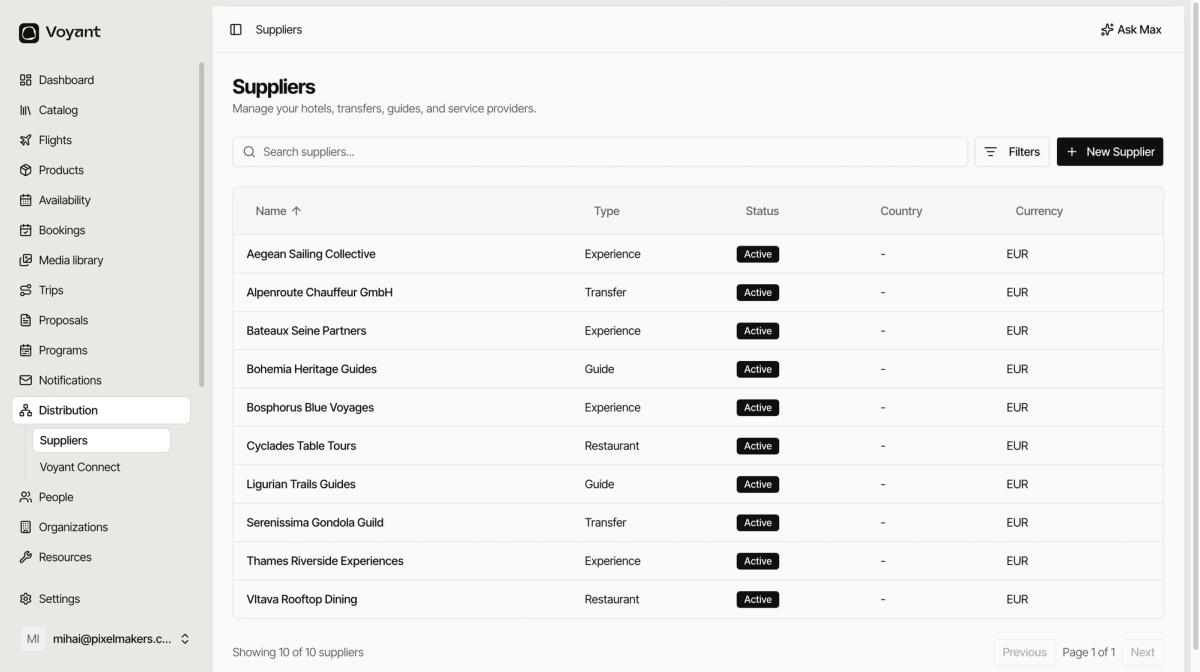 The suppliers list showing ten suppliers with types including Experience, Transfer, Guide and Restaurant, all active and in euros
