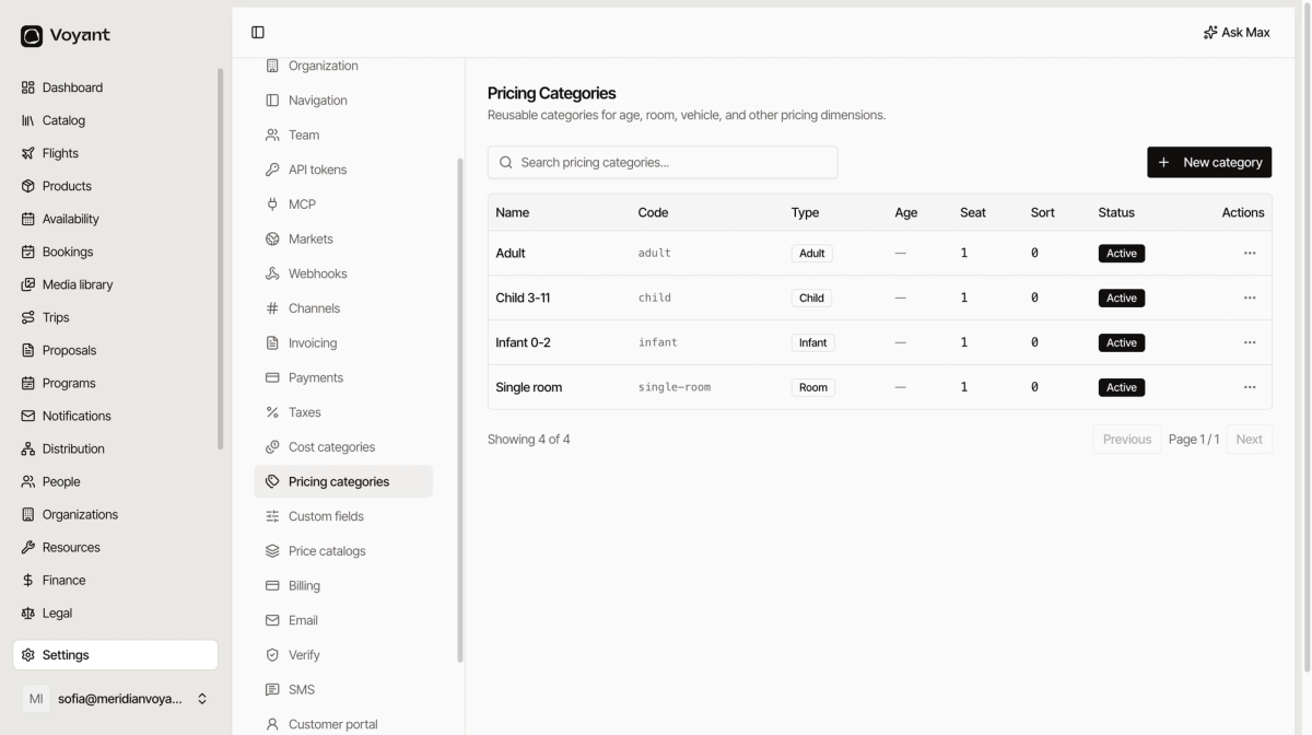The pricing categories settings page listing adult, child, infant and single room categories with their codes, types and active status