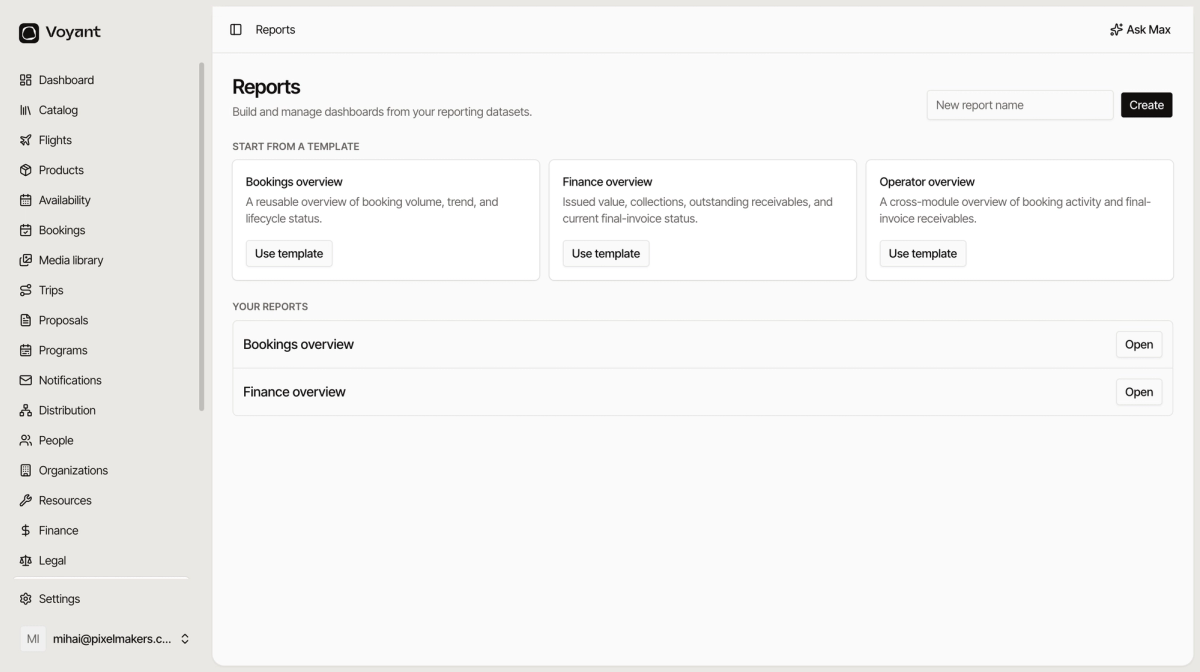 The reports screen showing a name field with a create button, three starting templates for bookings finance and operator overviews, and two saved reports