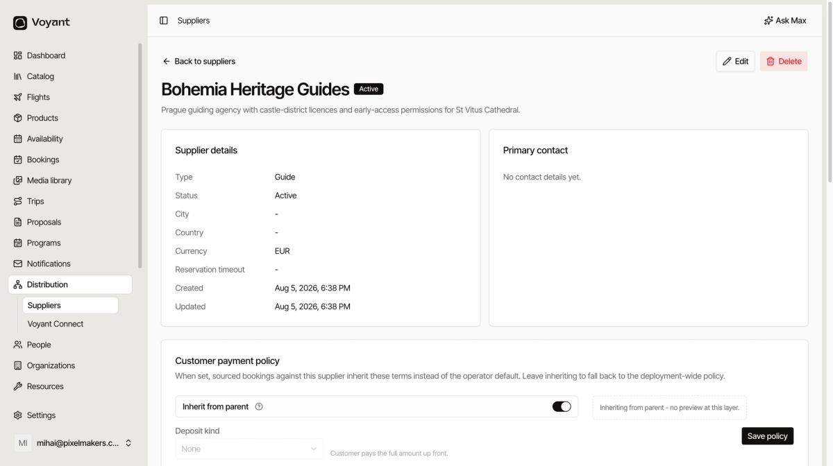 A supplier page showing supplier details, primary contact, and a customer payment policy panel
