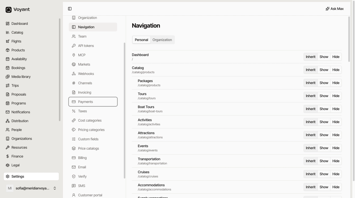 The navigation settings page listing every menu entry with Inherit, Show and Hide buttons beside each, and Personal and Organization tabs at the top