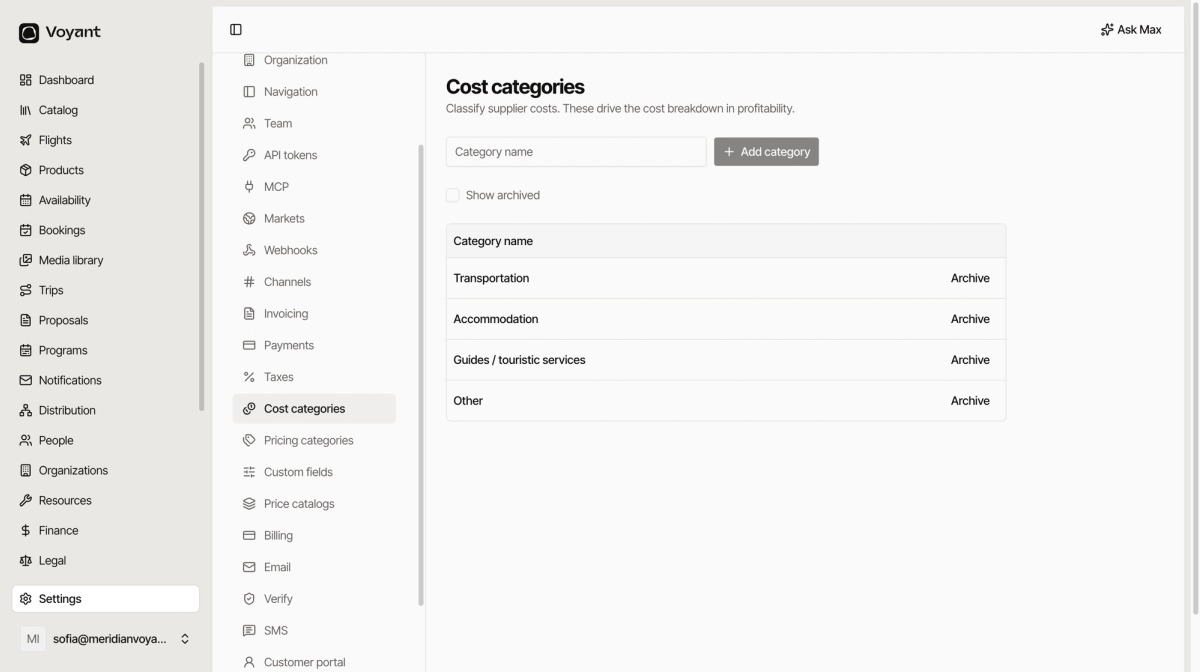 The cost categories settings page listing transportation, accommodation, guides and touristic services, and other, each with an archive button