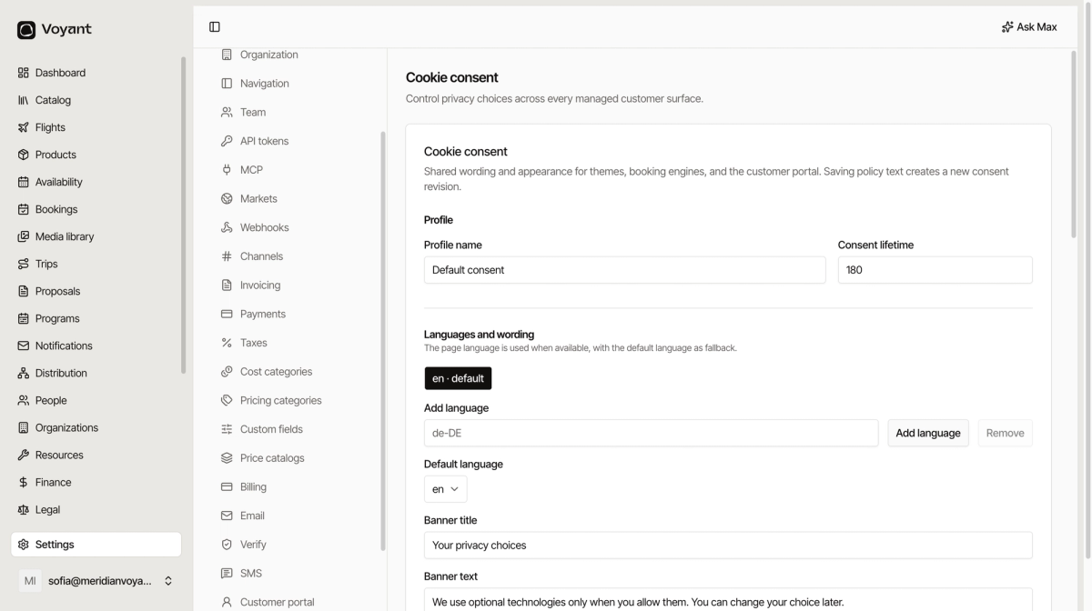 The cookie consent settings page showing the profile, language wording fields, category descriptions, appearance colours, and a managed surfaces list covering the website, booking engine and customer portal