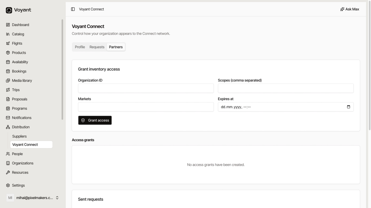 The Partners tab showing a grant inventory access form with organization ID, scopes, markets and expiry, above an empty access grants list