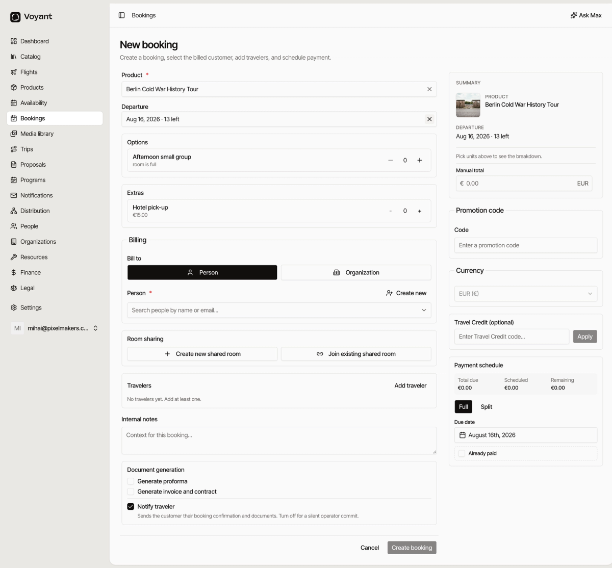 The New booking form with product, departure, options, extras, billing, room sharing, travelers, notes and document generation, with a live summary on the right